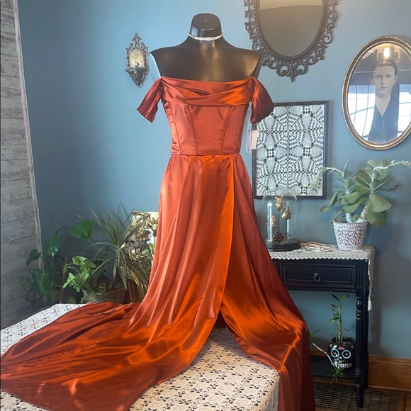 David's Bridal Off-Shoulder Satin Wedding Dress in Sienna
